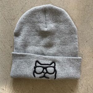 Grey Knit Beanie with Cat Embroidery